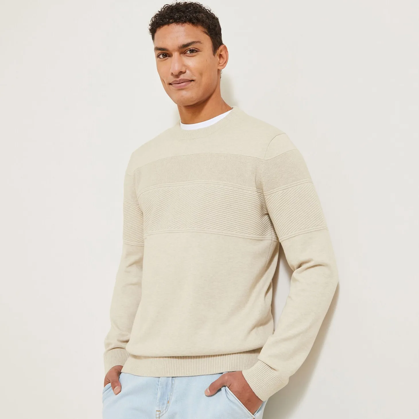 Smart Casual | Pull-Jules Pull col rond jeux de points bloc Ecru