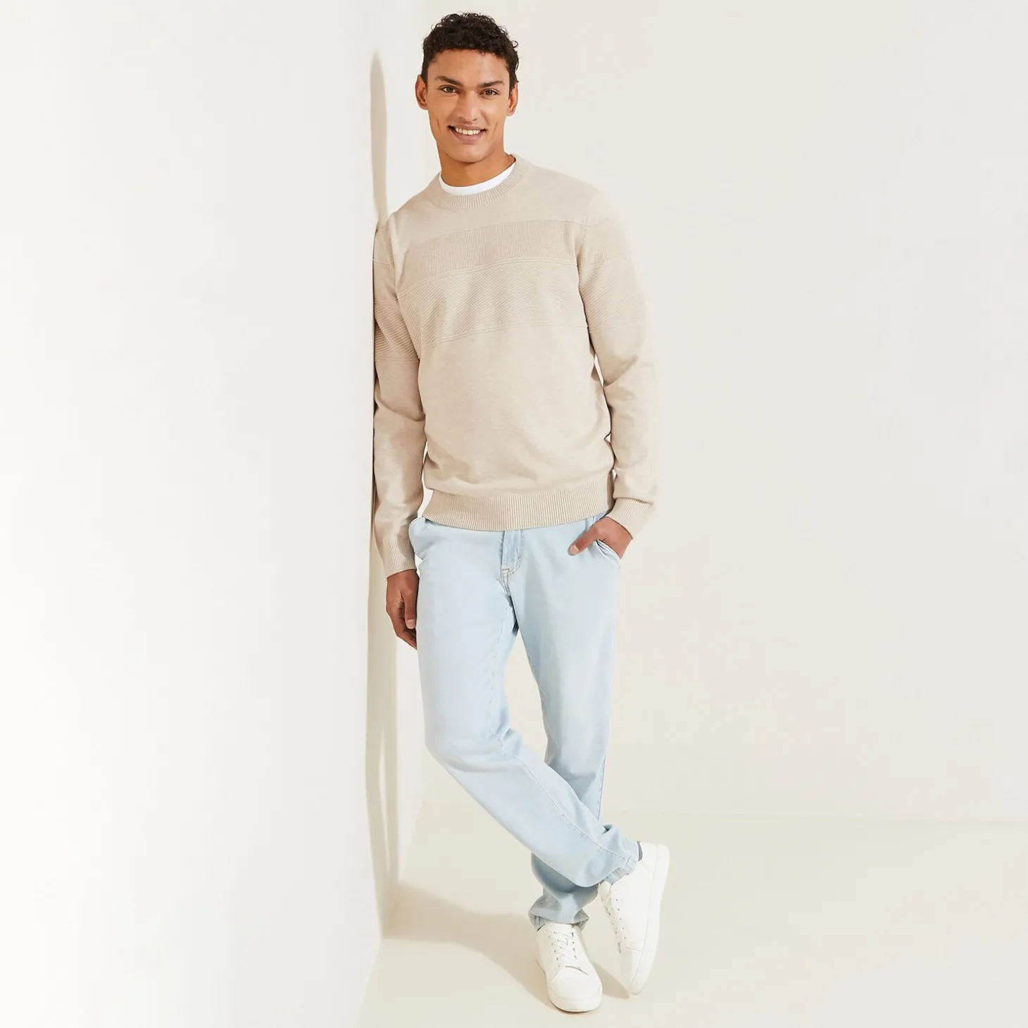 Smart Casual | Pull-Jules Pull col rond jeux de points bloc Ecru