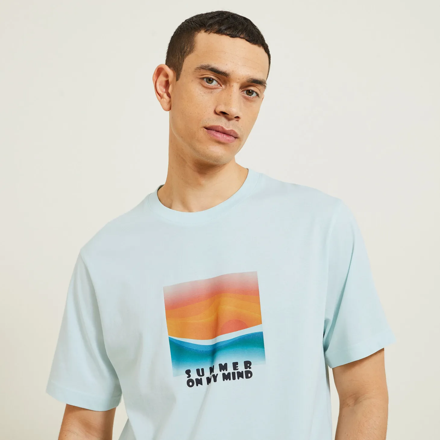 T-shirt-Jules Tee shirt col rond imprimé paysage Bleuclair