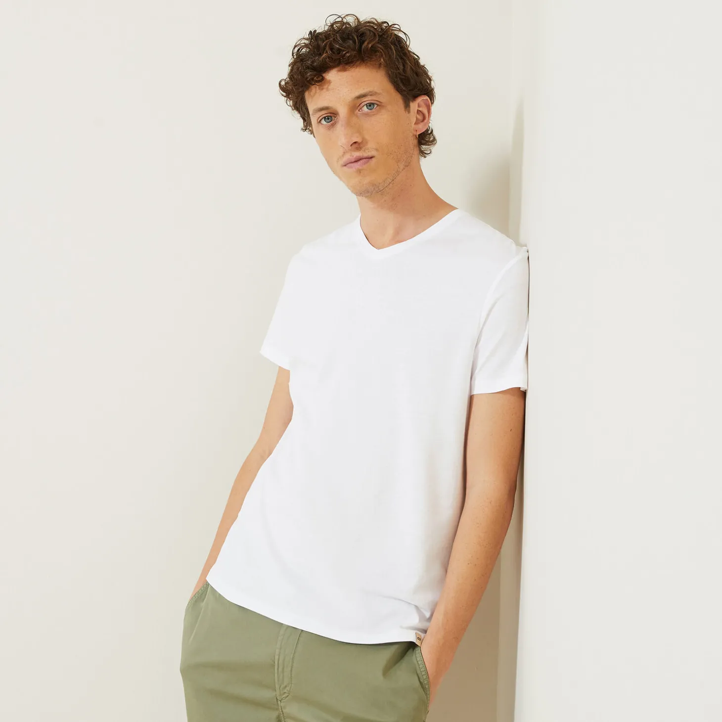 T-shirt-Jules Tee shirt col V en coton Blanc