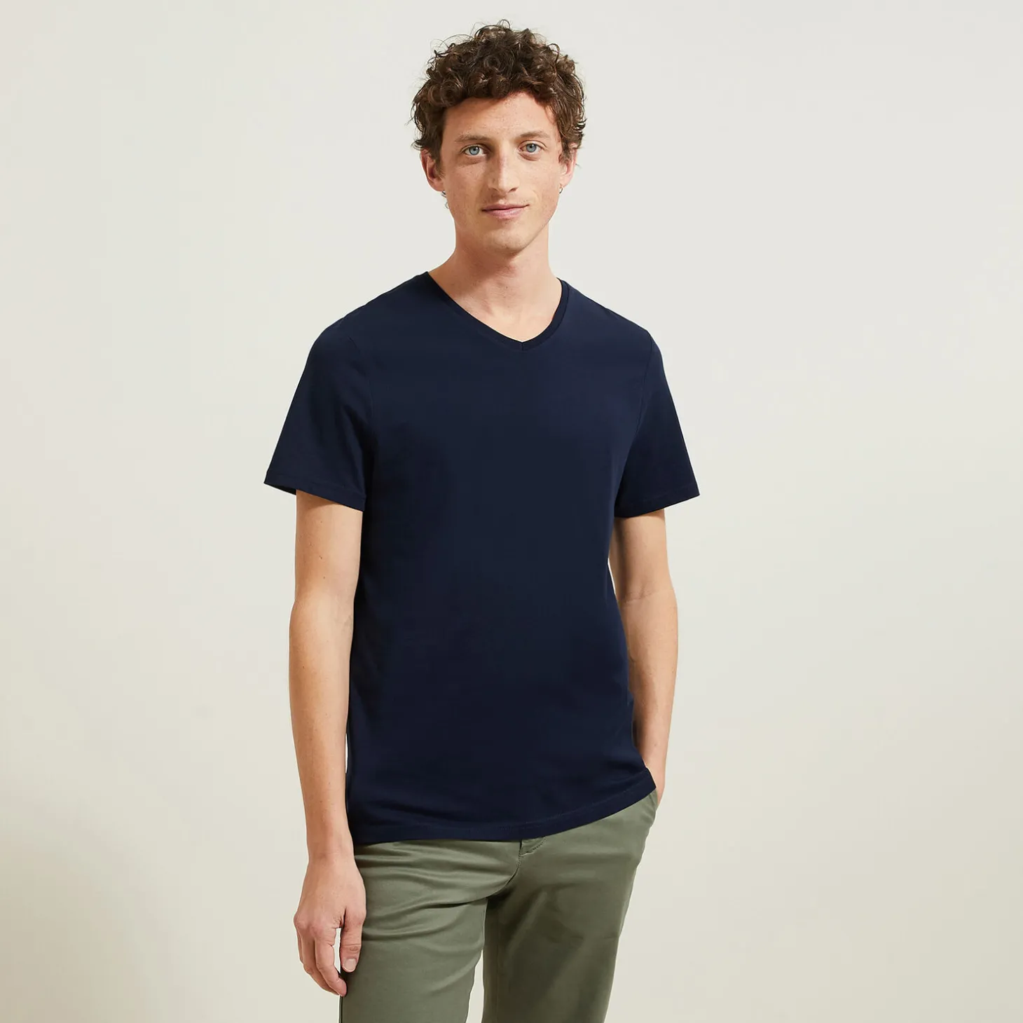 T-shirt-Jules Tee shirt col V en coton Bleufoncé